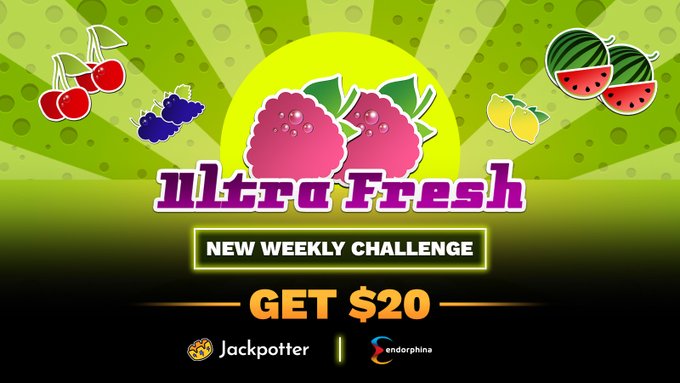 A vibrant promotional banner for the 'Ultra Fresh' New Weekly Challenge by Jackpotter and Endorphina, offering a chance to 'GET $20' with fruit imagery including raspberries, cherries, blueberries, lemons, and watermelons.