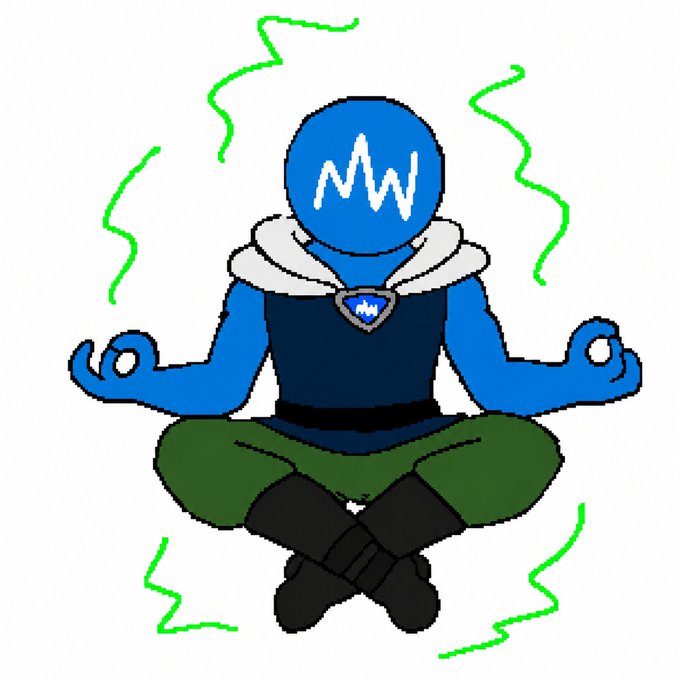The image features a cartoon character, likely a superhero or a robot, sitting cross-legged with their hands closed in a meditative pose. The character has blue hair and is wearing a green shirt. The background of the image is white, which contrasts with the blue color of the character's hair and emphasizes its presence. There are no other objects or text present in the image, making it a simple yet striking visual composition that focuses on the central figure and their pose.