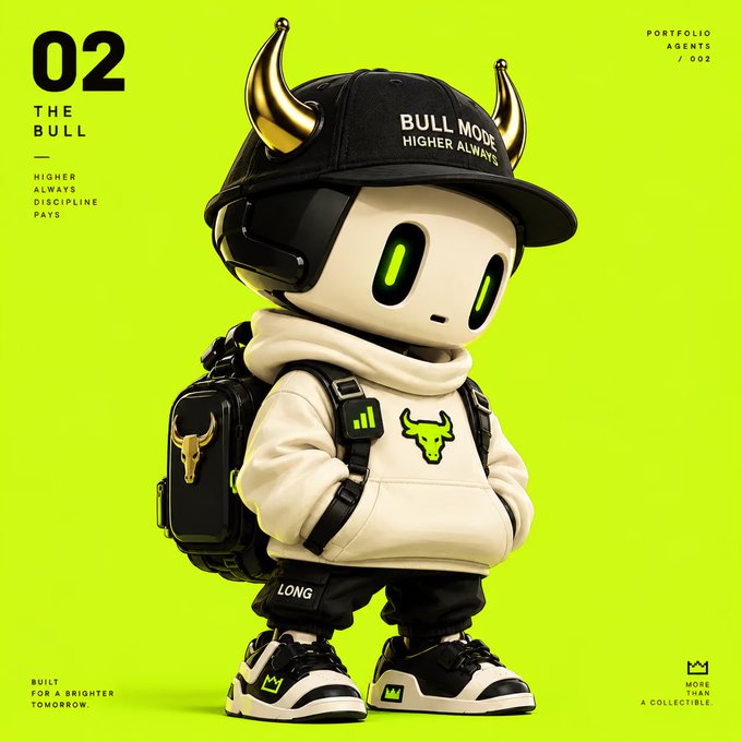 A 3D-rendered character design features a white robot-like figure wearing a black cap with golden horns, a black backpack, and a white hoodie, set against a bright yellow-green background with text reading '02 THE BULL', 'BULL MODE HIGHER ALWAYS', and 'PORTFOLIO AGENTS / 002'.