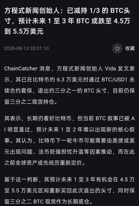 Chinese-language news article titled '方程式新闻创始人: 已减持1/3的BTC头寸, 预计未来1至3年BTC或跌至4.5万到5.5万美元', dated 2026-08-13, discussing Equation News founder Vida's BTC position reduction.