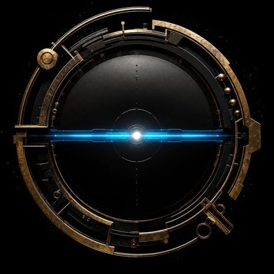 A sci-fi circular metallic device resembling a sci-fi eye or portal with a glowing blue horizontal beam across its center.