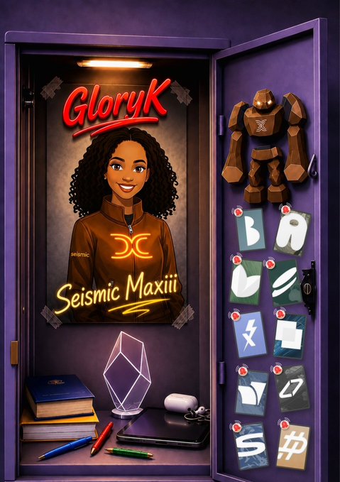 A digital illustration titled 'GloryK' featuring a cartoon woman named 'Seismic Maxiii' inside a purple locker, accompanied by a mech figure and various crypto icons.