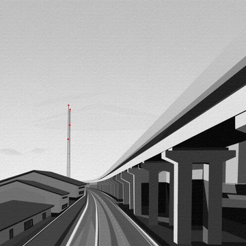 A grayscale digital illustration depicting a highway curving into the distance alongside an elevated concrete overpass, rendered with a grainy, minimalist aesthetic.