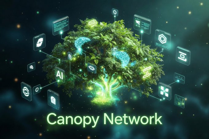 A digital illustration of a glowing tree labeled 'Canopy Network' surrounded by floating technology icons including AI, gears, and blockchain symbols.