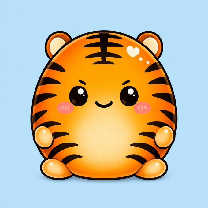 A cute cartoon illustration features a round, egg-shaped orange tiger with black stripes and a smiling face on a light blue background.
