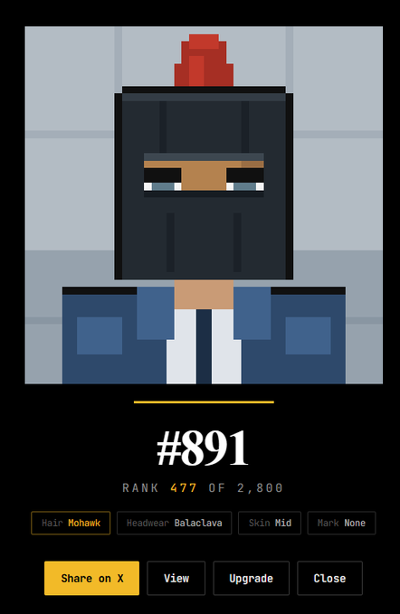 A pixel art character profile showing character #891 ranked 477 of 2,800, featuring a blocky figure with a mohawk, balaclava, and blue jacket, with options to Share on X, View, Upgrade, or Close.