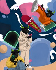 Anime-style illustration featuring characters including a man in a pink 'ANSEM' sweatshirt, with a green creature character and a person in yellow in a stylized cosmic setting.