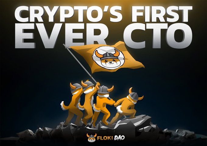A promotional graphic reading 'CRYPTO'S FIRST EVER CTO' featuring cartoon Floki viking characters planting a flag on rocks, branded with the FLOKI DAO logo.