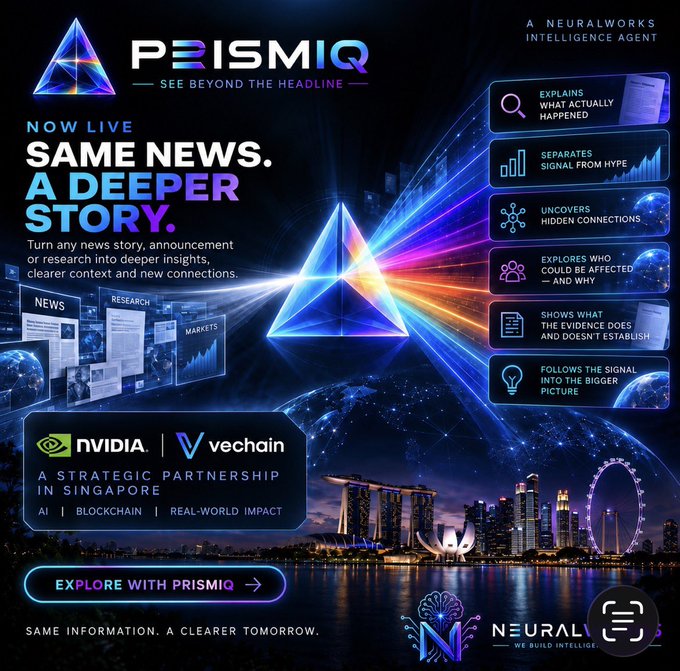 A promotional graphic for 'PRISMIQ' by Neuralworks, an AI intelligence agent, featuring an NVIDIA and Vechain partnership, with text about deeper news analysis and a Singapore cityscape.