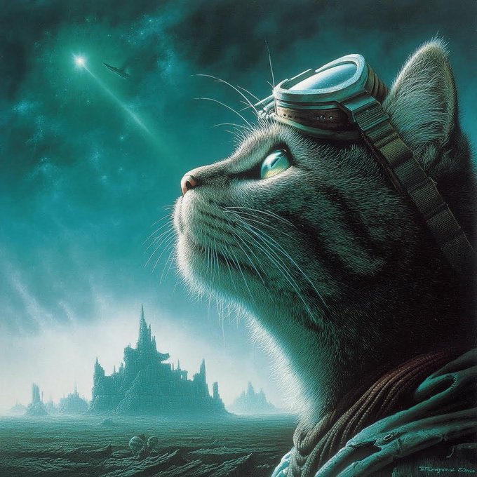 A cat wearing aviator goggles gazes toward a distant rocket in a teal, otherworldly sky above a fantasy castle landscape, fitting the "$JUPCAT" meme as a space-faring feline mascot rallying a cult-like following around its "top 10 stonk" ambitions.