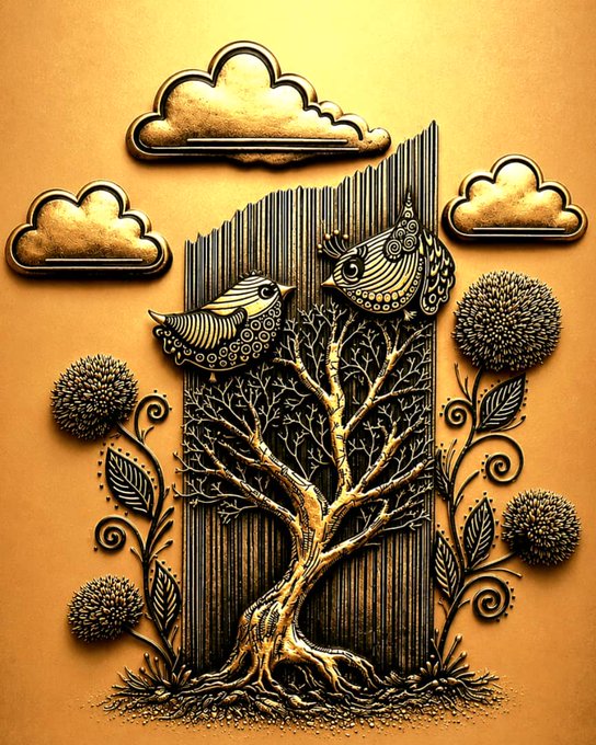The image features a tree with two birds perched on its branches, surrounded by flowers and leaves. The background of the image is orange, which complements the gold elements of the tree and birds. The caption for this image reads "Happy #TezosTuesday #WhispersOfThe Wish Tree 17 ed LEFT 5 $XTZ Link objkt.com/tokens/KT1Ermv".