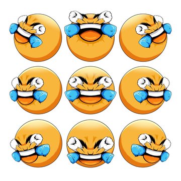 A 3x3 grid of yellow emoji faces with various crying-laughing expressions, featuring blue tears and orange clown noses.