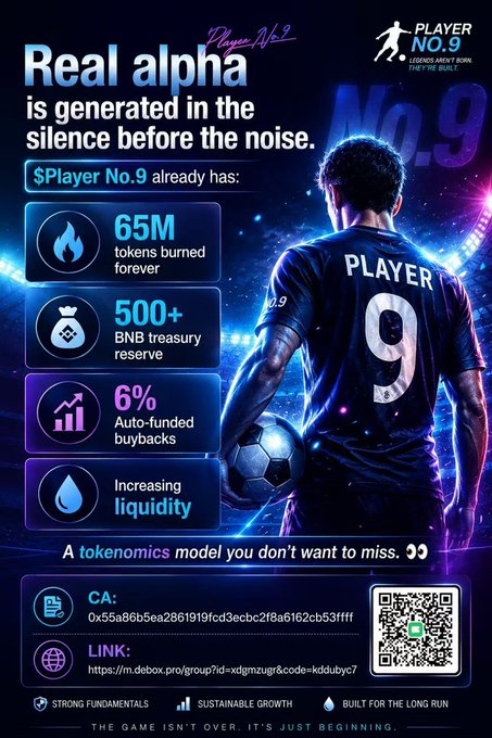 The image is a promotional graphic for "$Player No.9" featuring a soccer player in a "PLAYER 9" jersey, highlighting tokenomics such as 65M tokens burned, 500+ BNB treasury reserve, 6% auto-funded buybacks, and increasing liquidity, with a contract address and m.box link. It complements the "$100 BNB GIVEAWAY" post by reinforcing the project's BNB-focused ecosystem and community-driven incentives.