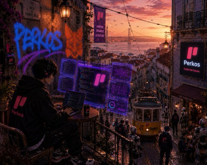 A person wearing a 'Perkos' branded hoodie works at a holographic coding station overlooking a Lisbon-inspired cityscape at sunset, with a yellow tram passing below.