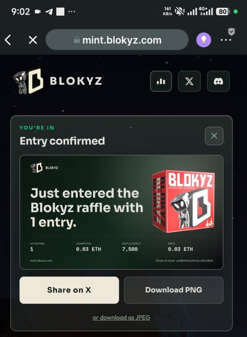 A mobile screenshot from mint.blokyz.com confirming entry into the Blokyz raffle with 1 entry, 0.03 ETH committed, 7,500 total supply, and a price of 0.03 ETH.