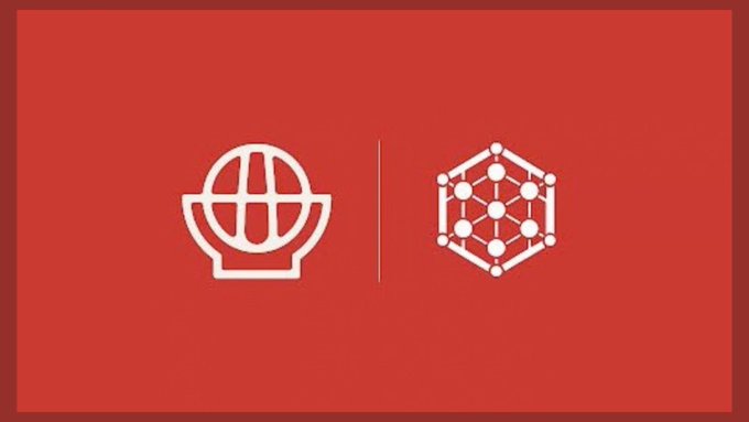 A red graphic displaying two white icons: a globe symbol on the left and a networked hexagonal node structure on the right.