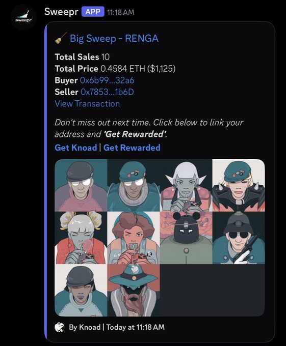 A mobile screenshot from the Sweepr app displaying an NFT transaction notification: 'Big Sweep - RENGA', 'Total Sales 10', 'Total Price 0.4584 ETH ($1,125)', along with buyer and seller wallet addresses and a grid of animated character avatars.