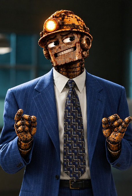 A 3D rendered rusty robot wearing a blue pinstripe suit, white shirt, and patterned tie, with a headlamp on its hard hat, stands with its hands raised.