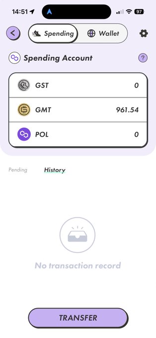 A mobile wallet interface showing Spending and Wallet tabs, with a Spending Account displaying balances of GST: 0, GMT: 961.54, and POL: 0, along with a "TRANSFER" button.