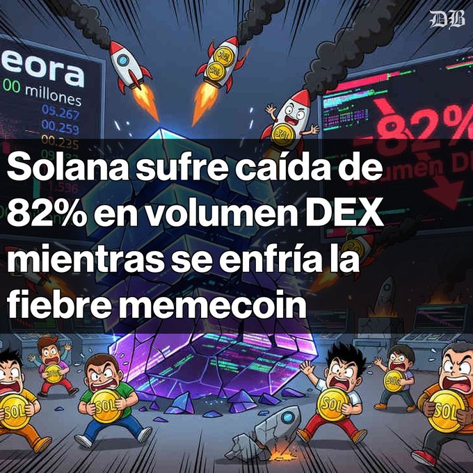 The image features a cartoon depiction of people fighting with coins, including a group of men holding up dollar bills that are worth either 8 or 9 US Dollars (USD). The coin they are fighting over has the value of 82%. In addition, there is an illustration of money and a building on the scene. The post about the image seems to be related to bitcoin, as it says "Solana sufre cada vez 32% en volumen DEX mientras se encuentra la fiebre mente". This suggests that Solana's value is constantly changing by 32%.