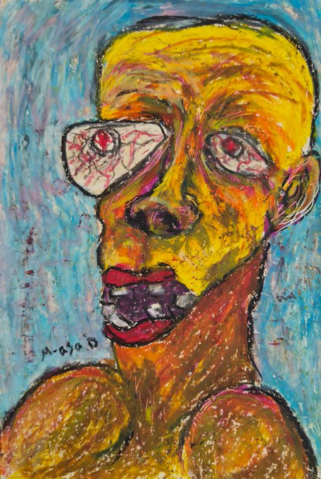 An abstract expressionist painting depicts a face with exaggerated features, yellow and orange skin tones, wide red eyes, and a dark gaping mouth against a blue background.