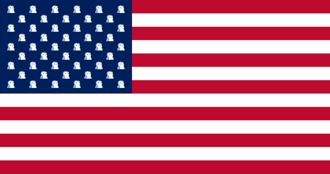 An American flag design where the blue canton is composed of small dog icons (resembling the Doge meme) instead of stars, set against the traditional red and white stripes.