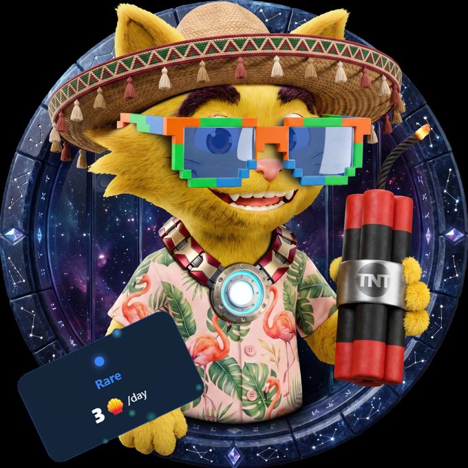 A digital illustration of a yellow cat character wearing pixelated sunglasses, a sombrero, and a flamingo-patterned Hawaiian shirt, holding a bundle of TNT explosives with a card showing 'Rare 3 /day'.