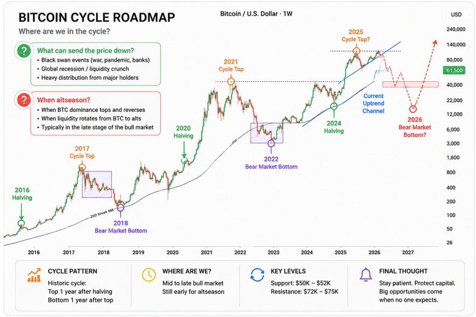 Bitcoin Cycle Roadmap chart showing Bitcoin/USD weekly price history from 2016 to 2027, highlighting halving events (2016, 2020, 2024), cycle tops (2017, 2021, 2025), and bear market bottoms (2018, 2022, 2026) with current price around $61,500.