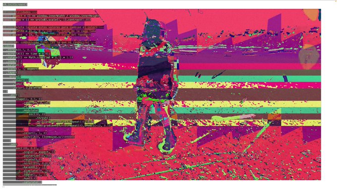 Glitched, color-distorted image of a person standing on a path, overlaid with lines of HTML/CSS code on a bright pink background.