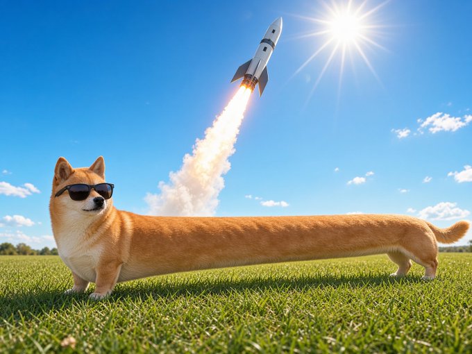 A Shiba Inu dog wearing sunglasses stands in a grassy field as its remarkably elongated body forms a launching pad for a rocket blasting into a sunny sky, visually embodying the bullish "to the moon" sentiment behind the "I'm LONG $DOGE 🚀" post.