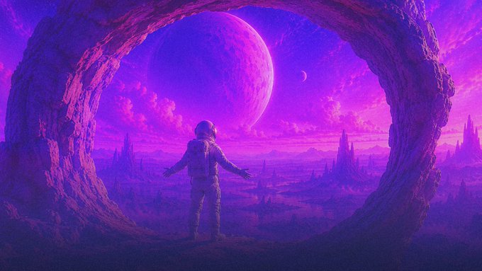An astronaut stands at the mouth of a glowing cave, gazing out at a surreal purple and pink alien landscape dominated by a massive moon and distant spires—a fitting, dreamlike vision for the "Moonpot!" theme.