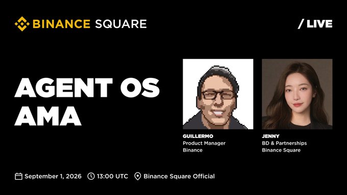 A promotional graphic for a "Binance Square Live" AMA event titled "Agent OS AMA" featuring Guillermo (Product Manager, Binance) and Jenny (BD & Partnerships, Binance Square), scheduled for September 1, 2026 at 13:00 UTC. The image visually supports the accompanying post's announcement of the upcoming community-driven AMA session about Binance's Agent OS.