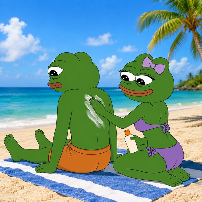 Two Pepe the Frog characters sit on a blue and white striped towel at the beach, with one wearing a purple bikini applying sunscreen to the other's back.