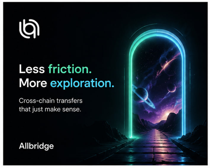 An Allbridge advertisement reading 'Less friction. More exploration. Cross-chain transfers that just make sense.' next to a glowing teal portal opening into a cosmic landscape.