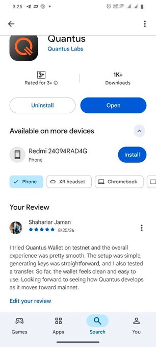 Google Play Store page for the 'Quantus' app by Quantus Labs, showing a 3+ age rating, 1K+ downloads, and a 5-star review by Shahariar Jaman praising its smooth wallet experience.