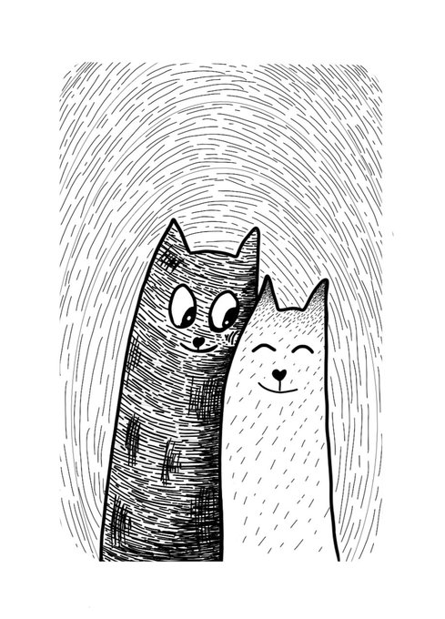 A black and white ink illustration of two stylized cats, one dark and one light, snuggling together against a background of swirling curved lines.