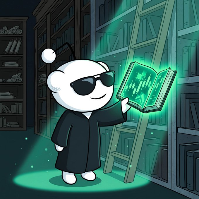 A cartoon illustration of a character with white hair, black sunglasses, and a black robe holding a glowing green book in a library, themed around crypto or trading.