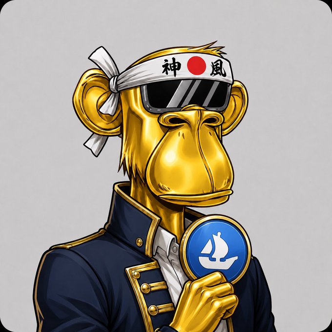 A stylized illustration of a golden monkey wearing dark sunglasses, a white Japanese headband with '神風' (kamikaze) kanji and a red sun, and a navy military-style jacket with gold trim, holding a blue coin with a sailboat logo.