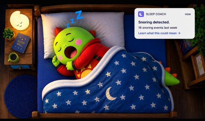 A green dinosaur wearing red pajamas sleeps soundly in a star-patterned bed, with a "Sleep Coach" notification reading "Snoring detected. 16 snoring events last week" appearing beside its snoring "Z's." The whimsical scene illustrates the @sleepagotchi app's concept of transforming sleep tracking data into AI-powered insights that help users understand and improve their sleep habits over time.