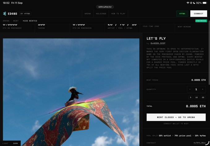A screenshot of the Eden crypto NFT marketplace website showing a digital artwork titled 'LET'S FLY' by artist @4200_leef, priced at 0.0005 ETH, depicting a figure on a colorful surfboard-shaped object against a blue sky.