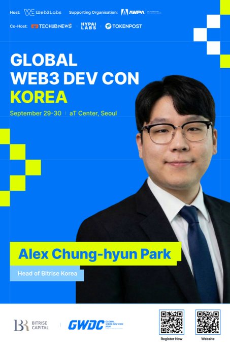 Promotional poster for the 'GLOBAL WEB3 DEV CON KOREA' on September 29-30 at T Center, Seoul, featuring Alex Chung-hyun Park, Head of Bitrise Korea, hosted by Web3Labs with sponsors including AWQA, Techubnews, HypeLabs, and Tokenpost.