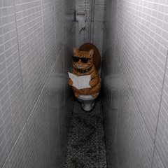 An anthropomorphic Shiba Inu dog wearing sunglasses and white underwear sits on a toilet in a cramped, narrow bathroom stall with white tiled walls and a tiled floor.