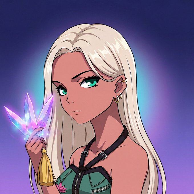 An anime-style digital illustration of a woman with long blonde hair and green eyes, holding glowing pink and blue crystal shards, wearing a green top with black harness straps against a purple background.