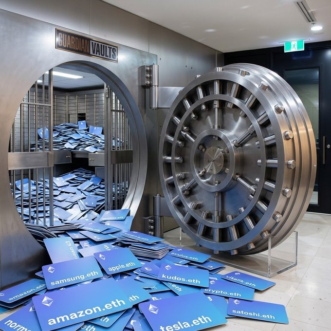 An image of an open 'GUARDIAN VAULTS' bank vault reveals piles of blue cards with Ethereum-style addresses for companies and crypto figures, including 'amazon.eth', 'tesla.eth', 'satoshi.eth', 'apple.eth', 'kudos.eth', and 'satoshil.eth'.