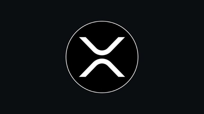 A minimalist black background featuring the white circular XRP (Ripple) cryptocurrency logo.