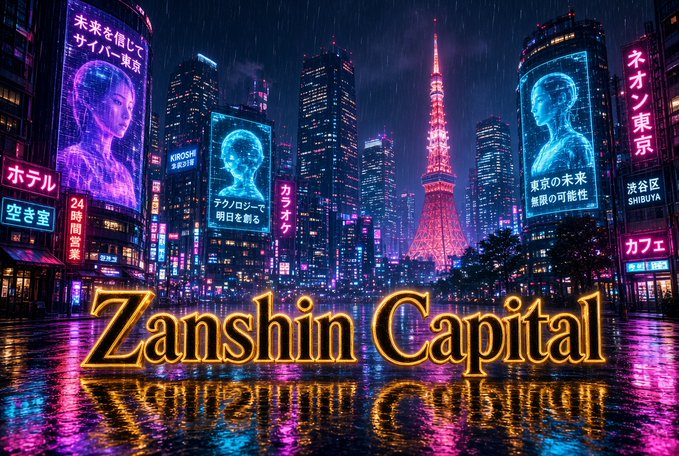 A neon-lit cyberpunk Tokyo skyline at night featuring illuminated billboards with Japanese text alongside holographic figures, with Tokyo Tower glowing red in the background and "Zanshin Capital" displayed prominently in gold lettering across the wet streets. The image visually echoes the post's theme of working behind the scenes toward a major reveal, portraying Zanshin as an emerging Web3 powerhouse in a vibrant, futuristic metropolis—hinting that their hidden progress will soon become visible to all.