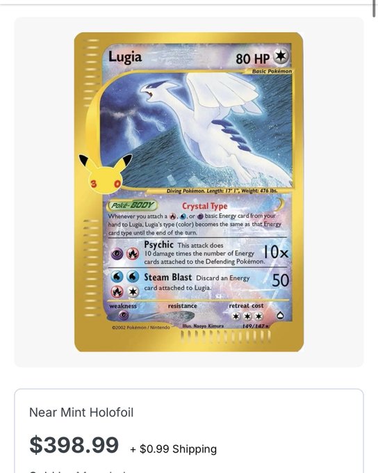 A shiny Lugia Pokémon card from the Neo Genesis set is listed as 'Near Mint Holofoil' for $398.99 plus $0.99 shipping.