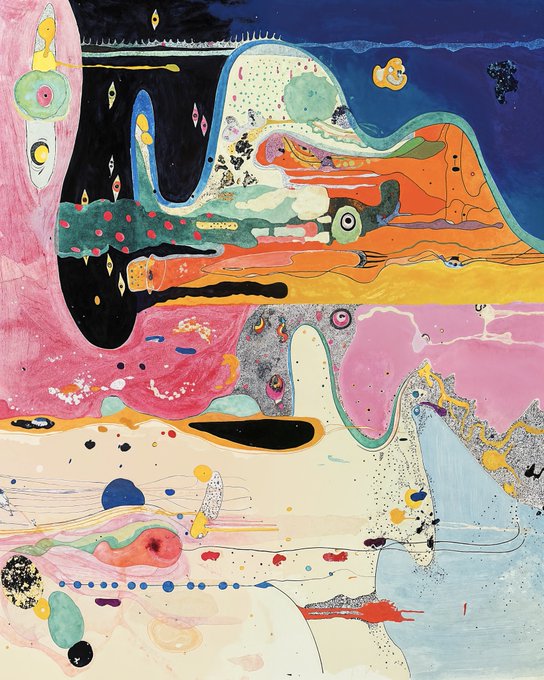 A vibrant, abstract artwork featuring flowing organic shapes in pink, blue, orange, and yellow with scattered dots and biomorphic forms, paired with a cheerful "Gm" (good morning) greeting to start the day with bold, surrealist art.