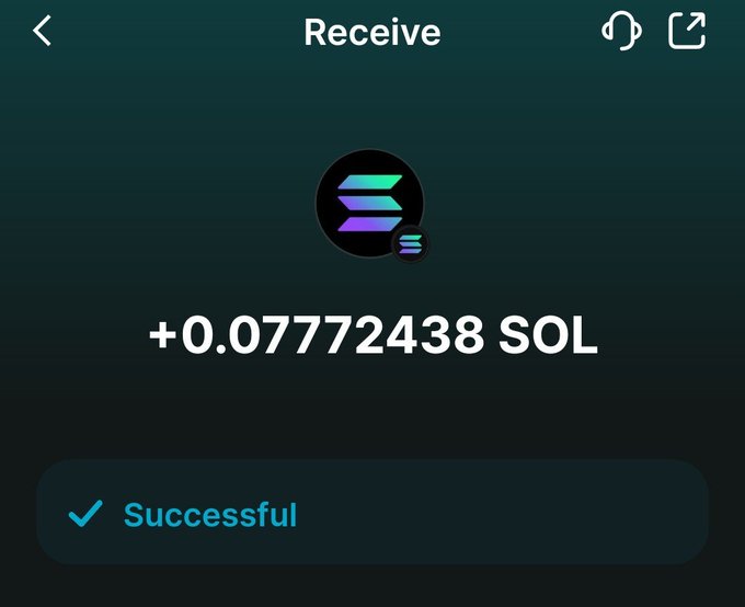A successful Web3 transaction confirmation screen showing a received payment of **+0.07772438 SOL** on the Solana blockchain, with the Solana logo prominently displayed. The image visually reinforces the post's message by capturing the moment of receiving a small crypto payment that made the poster's stressful day feel worthwhile.