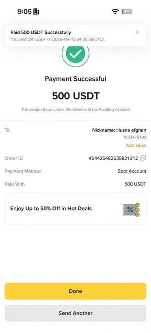 The image shows a Binance payment confirmation screen verifying a successful 500 USDT transfer to user "Husna afghan" with UID 1032479190, supporting the post's claim of sending $500 to that specific recipient.